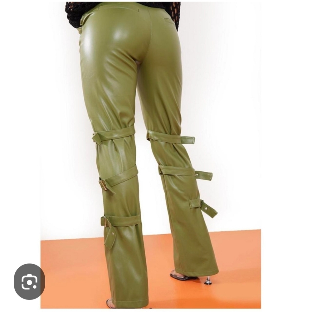 PrettyLittleThing Olive Khaki Green Buckle Detail Flare/Skinny Faux Leather Pant